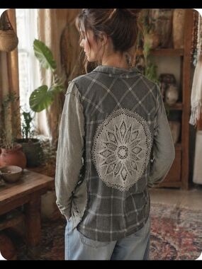 4/$15 Boho Plaid Patchwork Shirt Crochet Back Detail - Gray Women's M